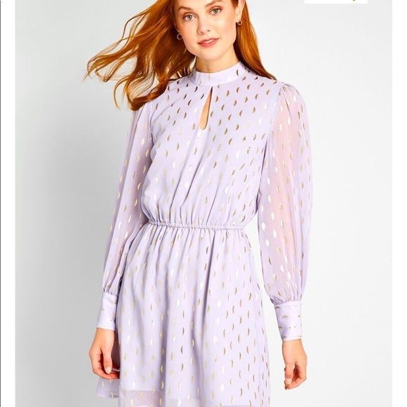 Chiffon lavender mock neck dress with gold accents - Picture 2 of 6